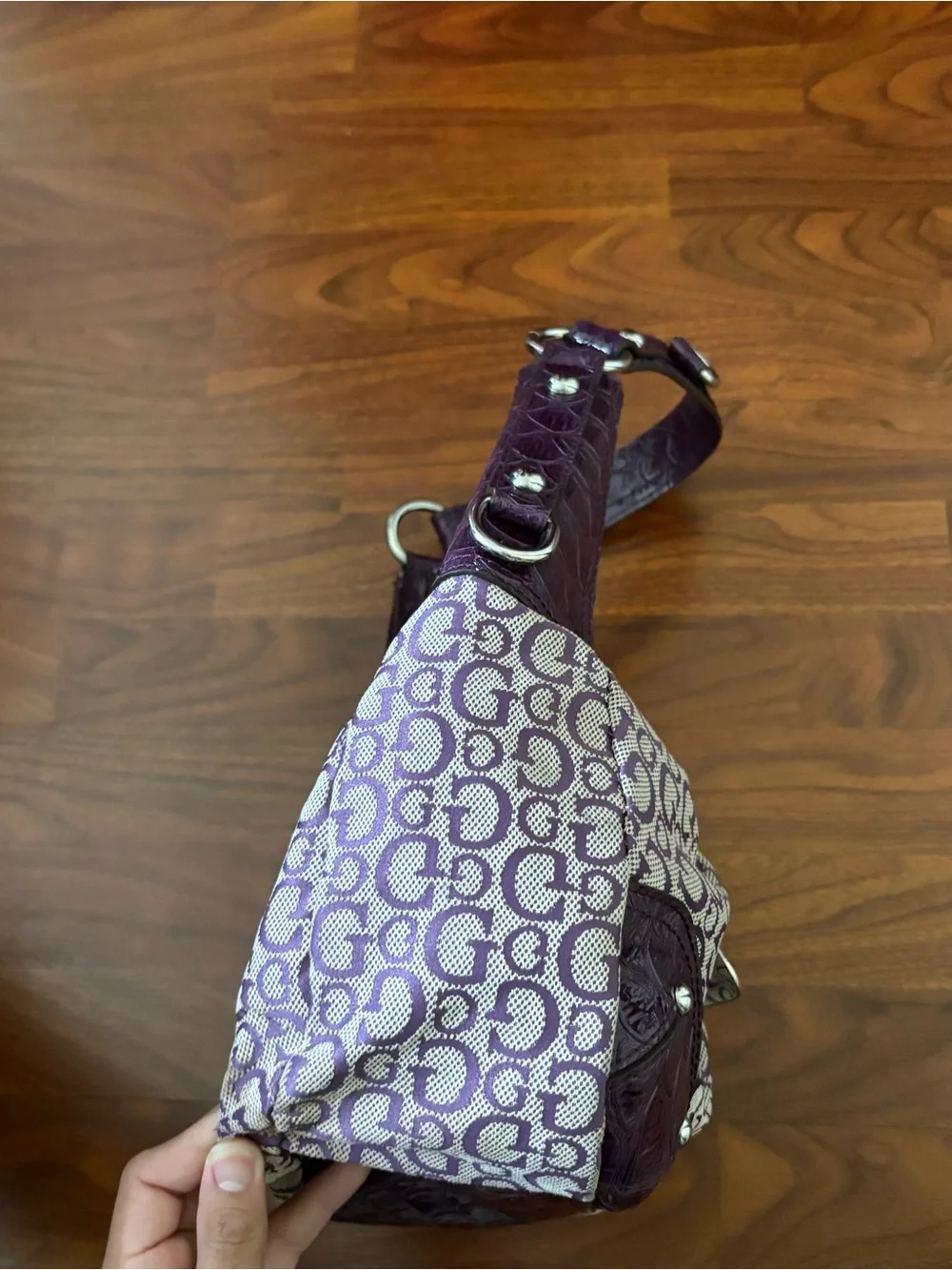 GUESS Vintage Y2K Hobo Baguette Monogram Purple Shoulder Bag Rare 2000s USA Cute